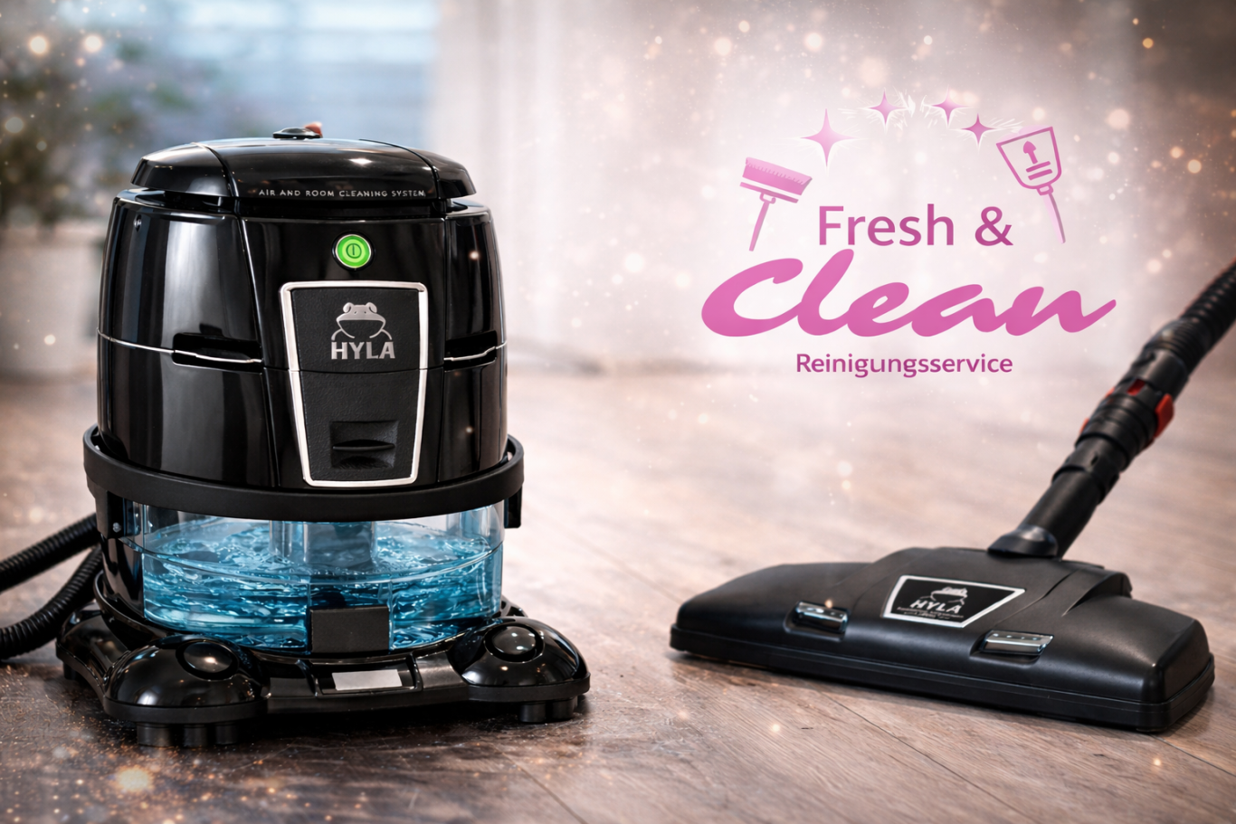 Hyla Staubsauger Schwarzer Staubsauger neben einem großen Topf mit grüner Pflanze auf einem Teppich.